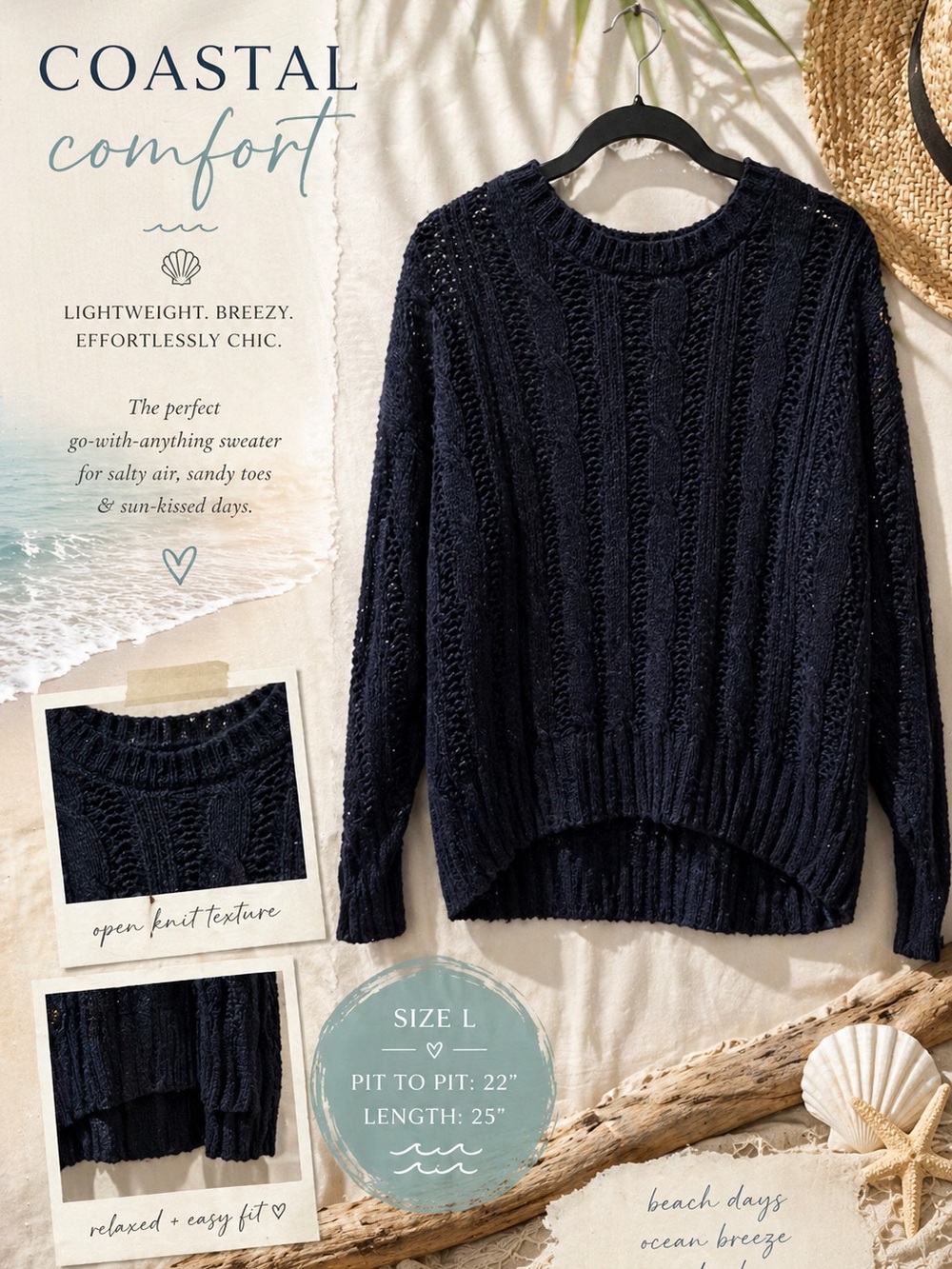 Cyrus Navy Open-Knit Crewneck Sweater size large